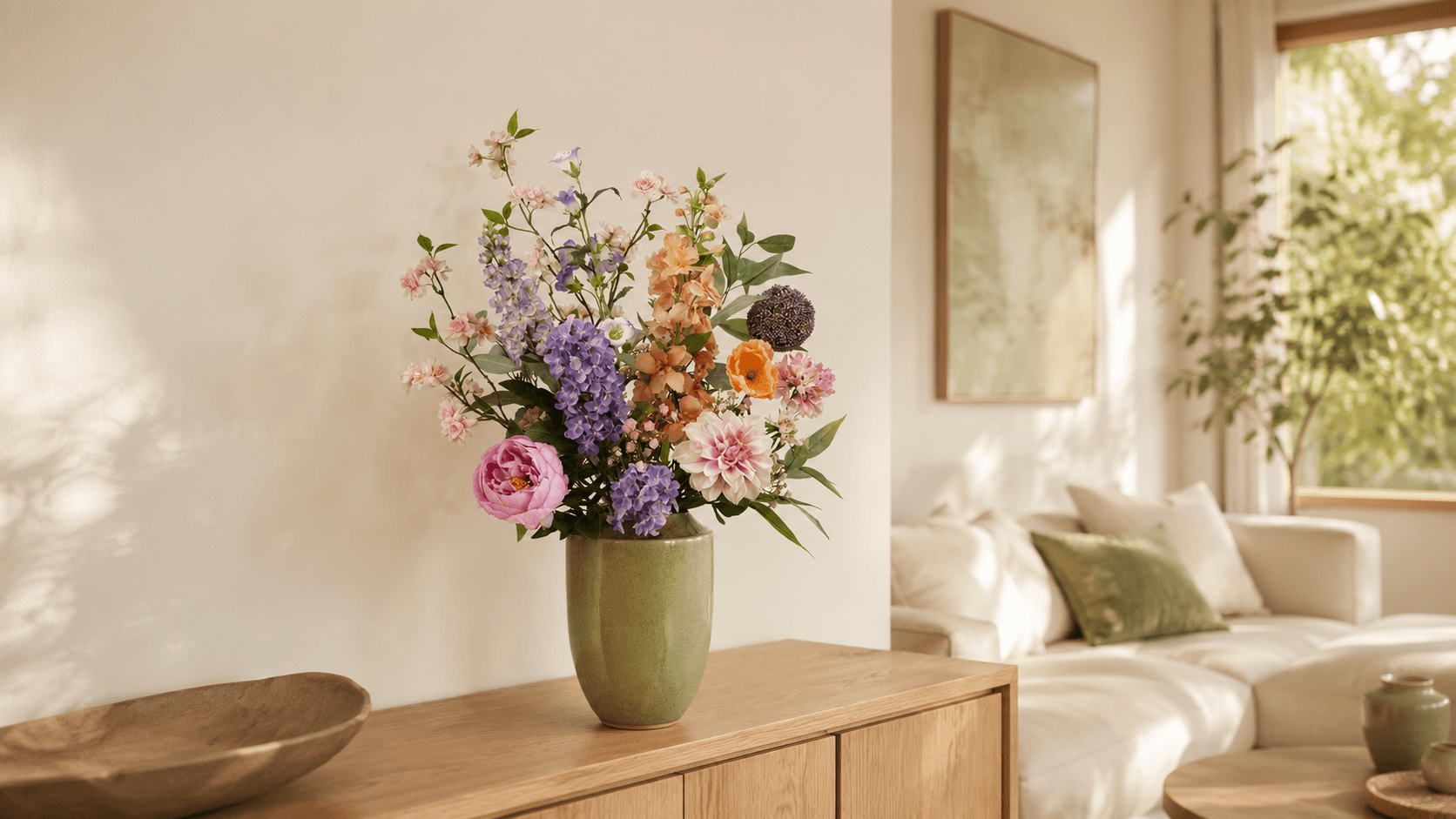 Kunstbloemen boeket in groene vaas in een lichte woonkamer